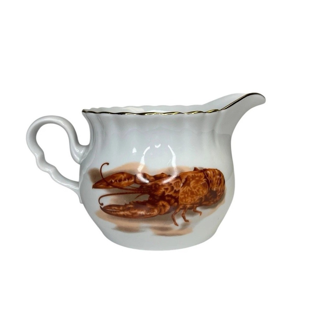 Vtg Wawel Lobster Sauce Pitcher Creamer‎ Gold Trim Poland JKW Bavarian Porcelain